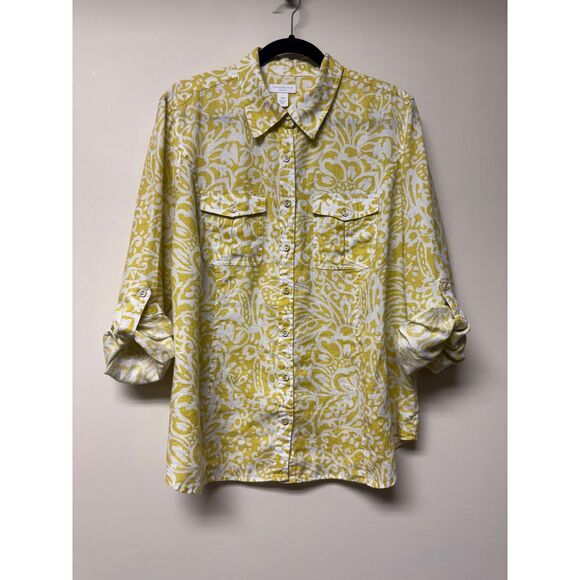 CHARTER CLUB Woman 100% Linen Roll Tab Sleeve Button Up Shirt, Chartreuse/White - Picture 3 of 10